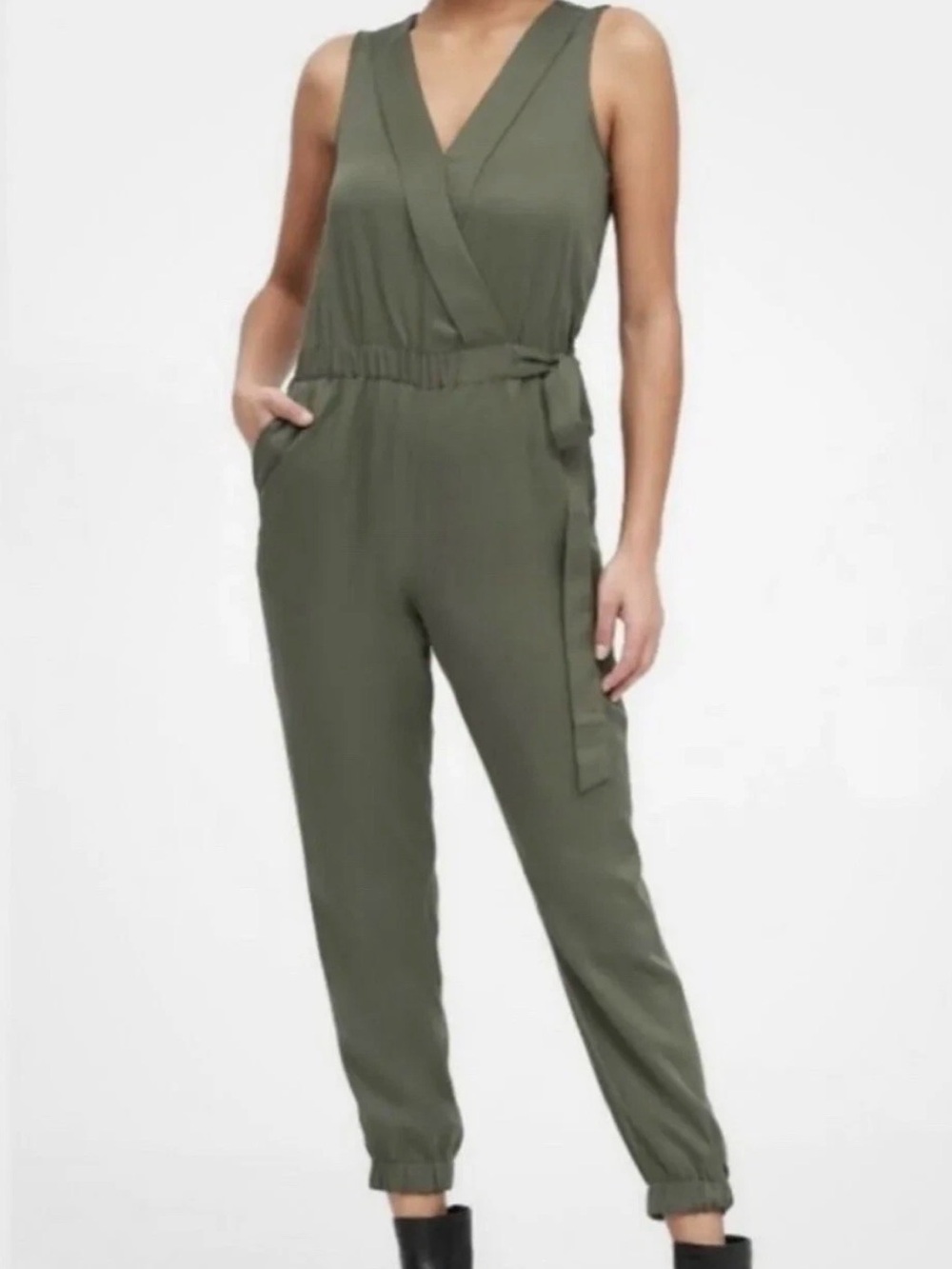 Banana Republic Olive Green Sleeveless Wrap-Front Jumpsuit